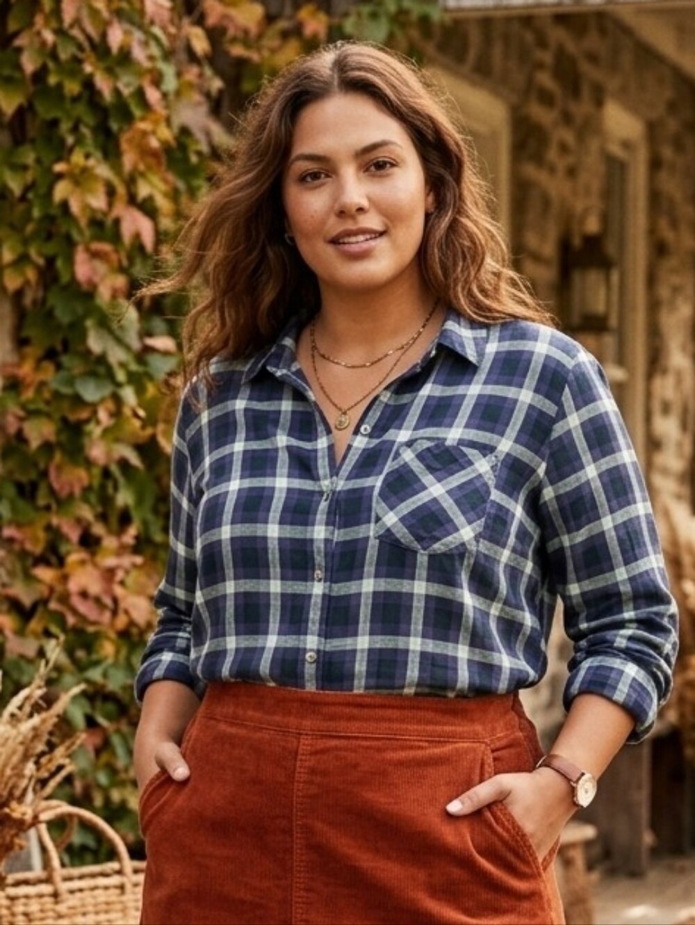 Jane & Delancey Women's Size 1X Green Blue Plaid Button Up Shirt
